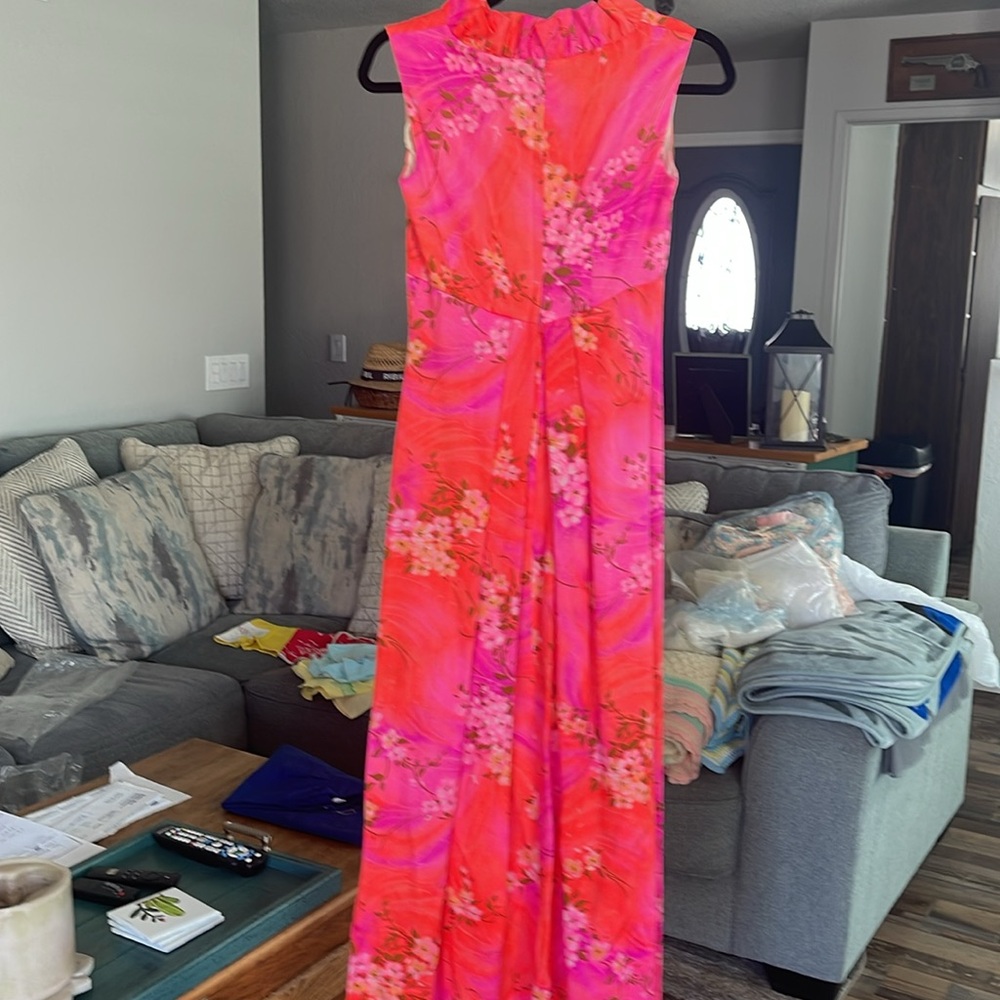 VTG Mildred's Hawaii Dress Barkcloth/Bright Neon Floral Ruffled Bow 60s 70s - Picture 7 of 14